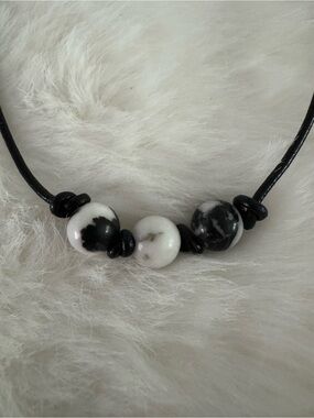 Black and White Beaded Leather Necklace - Adjustable